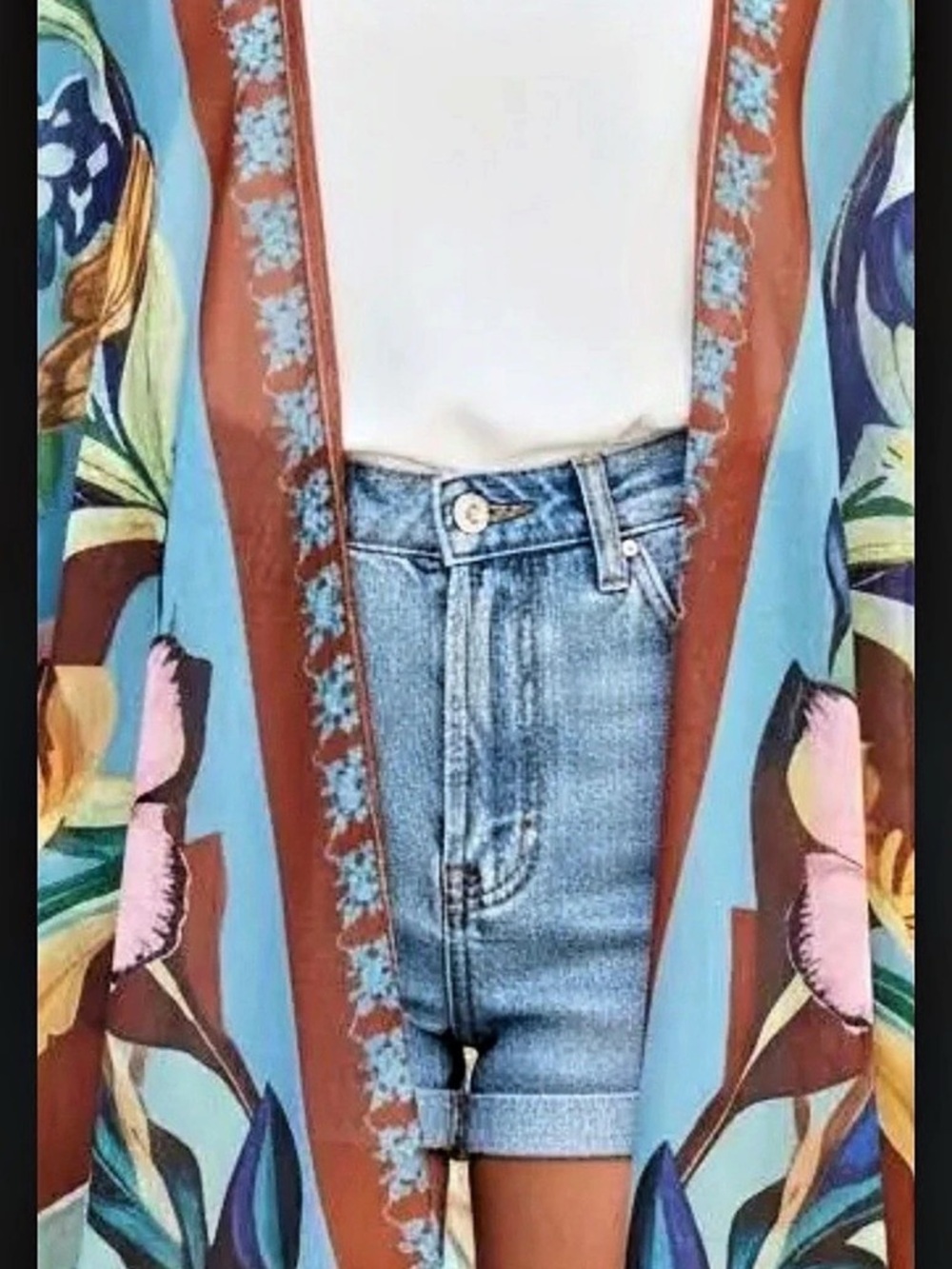 Floral Open Front Kimono with scarf in Blue & Pink